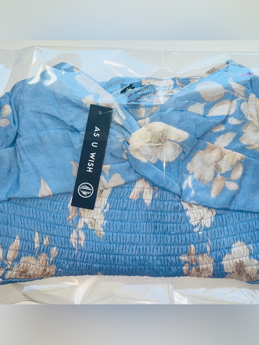 NWT Women's Blue Floral Midi Dress Puff Sleeve Smocked Twist Front A-Line - Picture 8 of 14